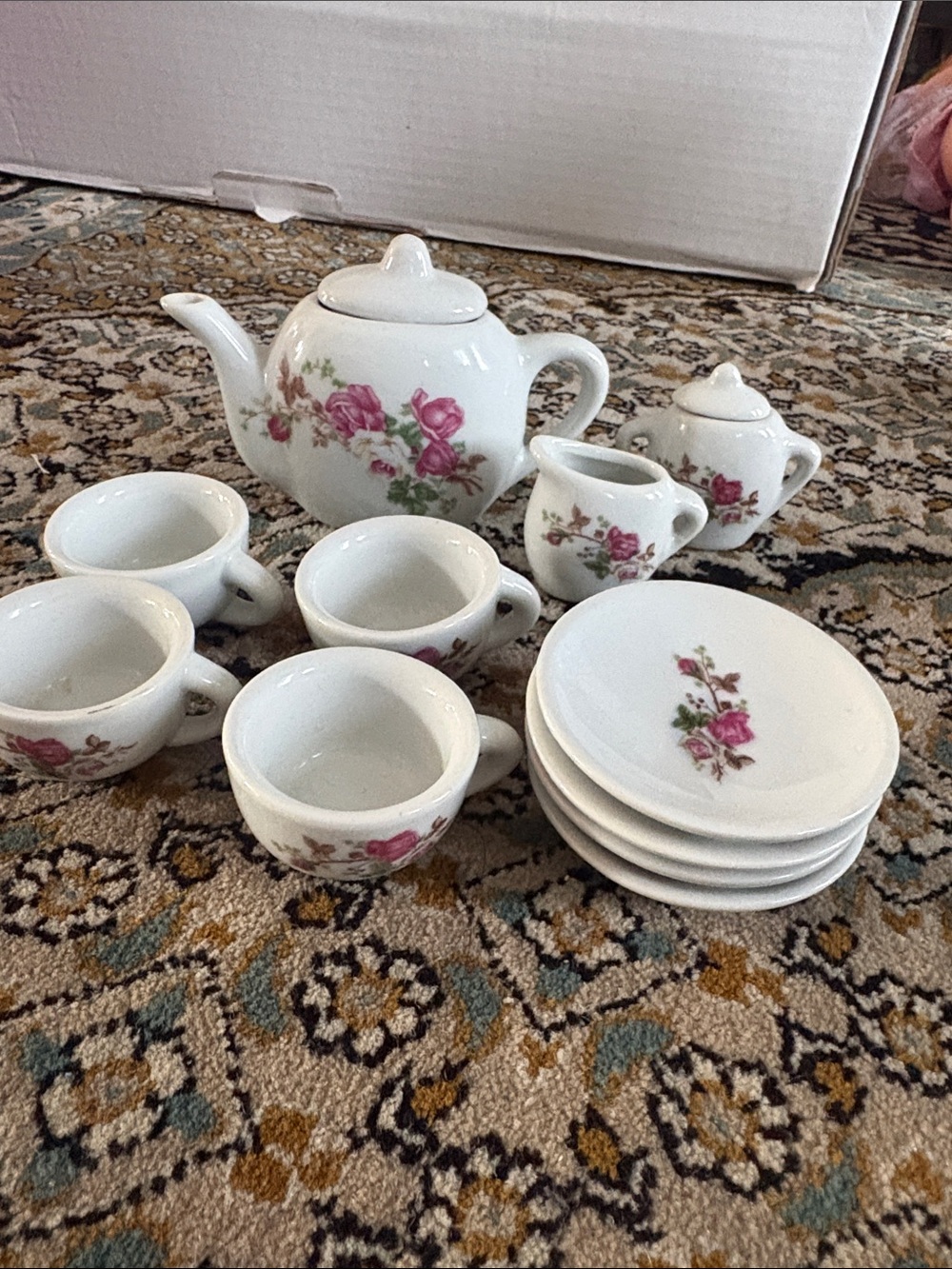 Vintage Miniature Tea Set with Pink Rose Pattern